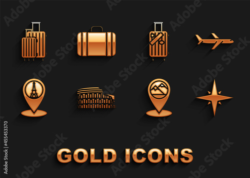 Set Coliseum in Rome, Italy, Plane, Wind rose, Map pointer with mountain, Eiffel tower, Suitcase for travel and stickers, and icon. Vector