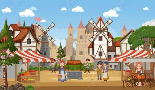 Medieval town scene with villagers at the market place
