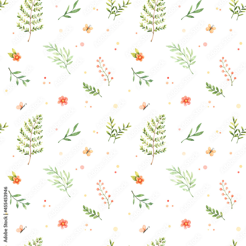 Fototapeta premium Watercolor seamless pattern - floral childish textile. Background with green leaves, polka dot, rainbow and butterfly. Perfect for fabric, wrapping paper, bed linen, home decor, print