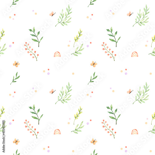 Wallpaper Mural Watercolor seamless pattern - floral childish textile. Background with green leaves, polka dot, rainbow and butterfly. Perfect for fabric, wrapping paper, bed linen, home decor, print Torontodigital.ca