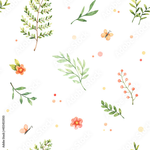 Fototapeta Naklejka Na Ścianę i Meble -  Watercolor seamless pattern - floral childish textile. Background with green leaves, polka dot, rainbow and butterfly. Perfect for fabric, wrapping paper, bed linen, home decor, print