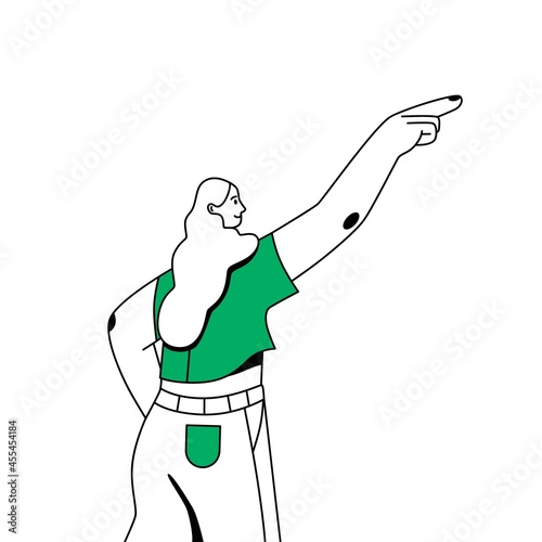 Happy woman looking ahead and pointing forward with index finger. Confident person indicating direction. Determination and aspiration concept. Flat vector illustration isolated on white background