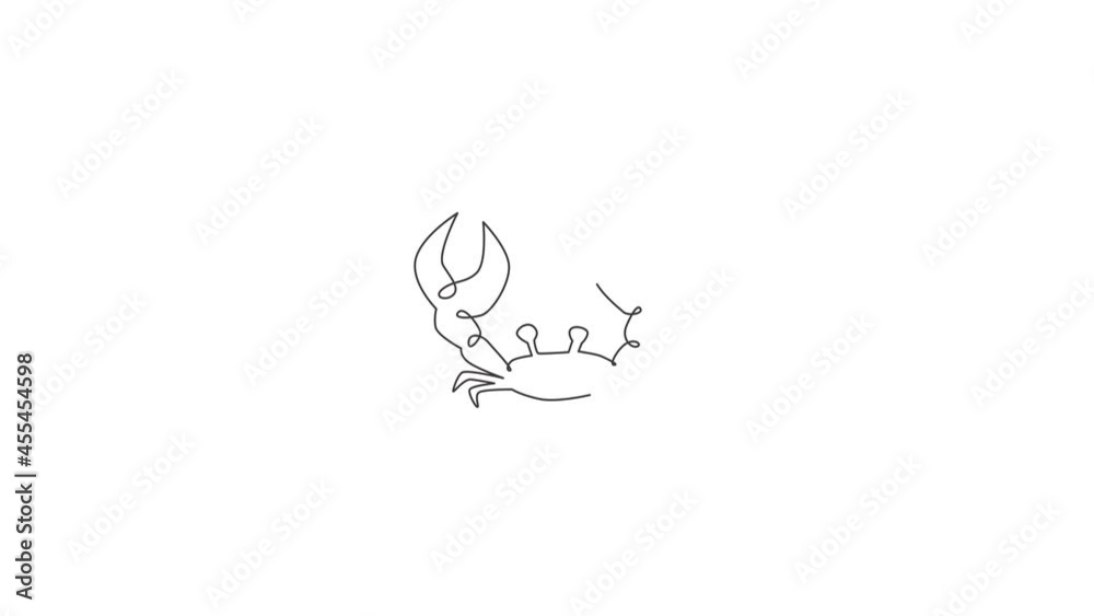 Animated self drawing of one continuous line draw cute crab with big claw for seafood logo identity. Adorable sea animal concept for restaurant icon. Full length single line animation illustration. Animated self drawing of one continuous line draw cute crab with big claw for seafood logo identity. Adorable sea animal concept for restaurant icon. Full length single line animation illustration.