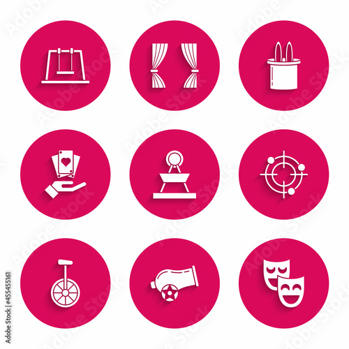 Set Attraction carousel, Cannon, Comedy theatrical masks, Target sport for shooting competition, Unicycle one wheel bicycle, Hand holding playing cards, Magician hat rabbit ears and Swing icon. Vector
