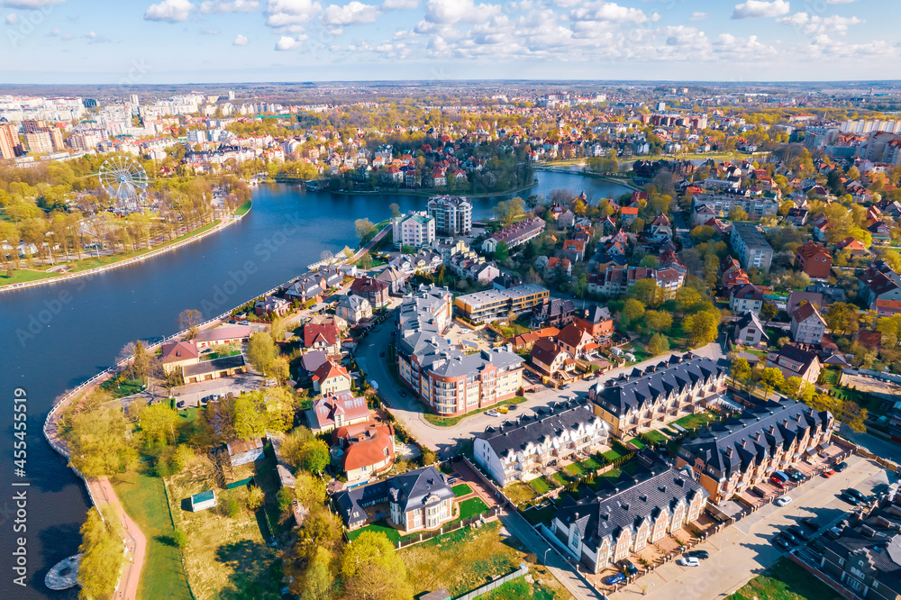 Aerial view city Kaliningrad Russia central park with lake summer day