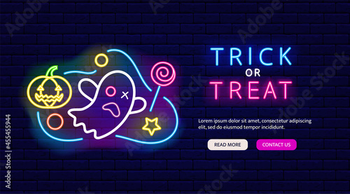 Halloween neon ghost with pumpkin and candy. Trick or treat flyer. Night bright promotion. Isolated vector illustration