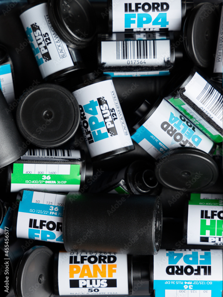 VALENCIA, SPAIN SEPTEMBER 06, 2021 Pile of black and white 35mm film