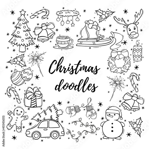 Hand drawn icon set of Christmas decorations in doodle style. Christmas and New Year's doodles. Vector illustration isolated on white background.