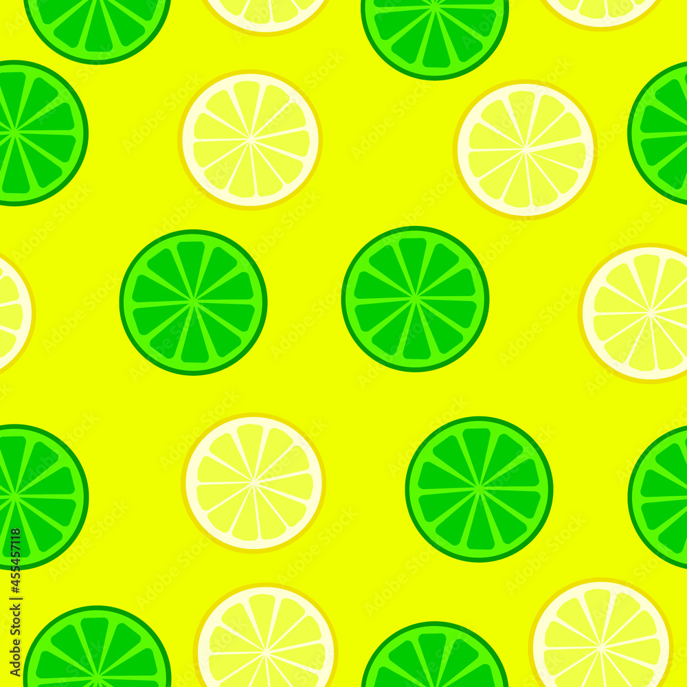 Seamless citrus pattern of lemon and lime on a yellow background.Vector FRUIT pattern can be used in juice packages,textiles.wallpaper.postcards.