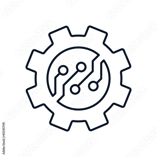 Gear, microcircuit. Concept of the process of introducing electronic technology. Improvement, automation. Vector linear icon isolated on white background.