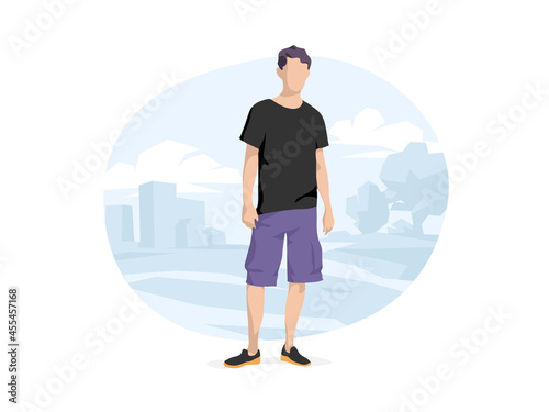 Illustrazione di un giovane ragazzo che sta in piedi sullo sfondo urbano