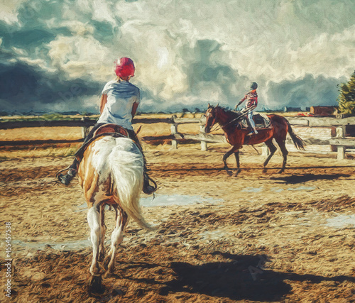 girl trains horse on a beautiful summer day. Painting effect. © jozefklopacka