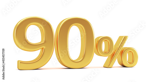 Gold percent isolated on white background. 90% off on sale. 3d render illustration for business ideas.