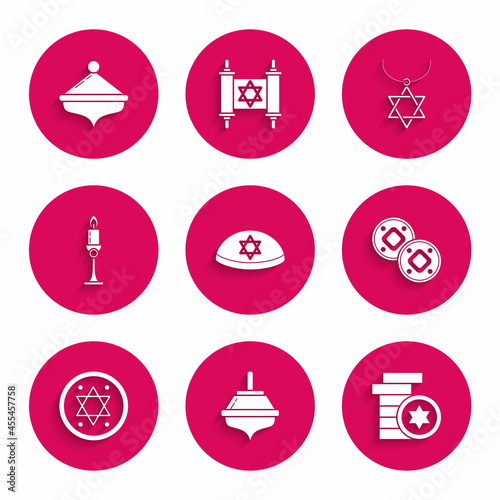 Set Jewish kippah with star of david, Hanukkah dreidel, coin, Burning candle candlestick, Star David necklace on chain and icon. Vector photo