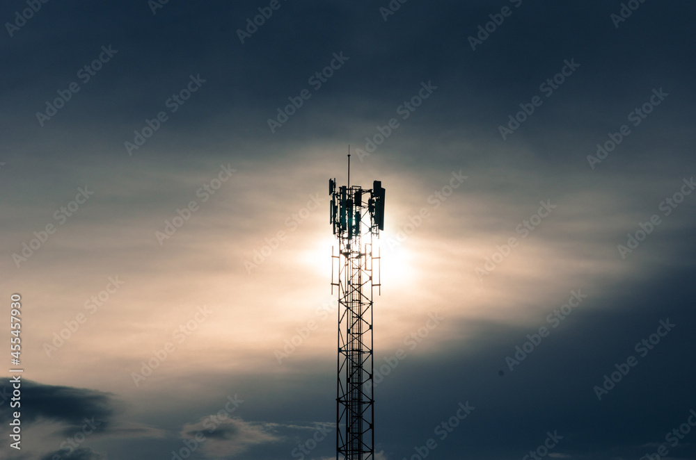 4G and 5G cellular. Macro Base Station or Base Transceiver Station. Telecommunication tower. Wireless Communication Antenna Transmitter. 