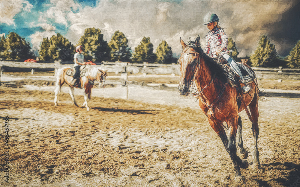 girl trains horse on a beautiful summer day. Painting effect. girl trains horse on a beautiful summer day. Painting effect.