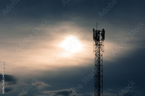 4G and 5G cellular. Macro Base Station or Base Transceiver Station. Telecommunication tower. Wireless Communication Antenna Transmitter. 