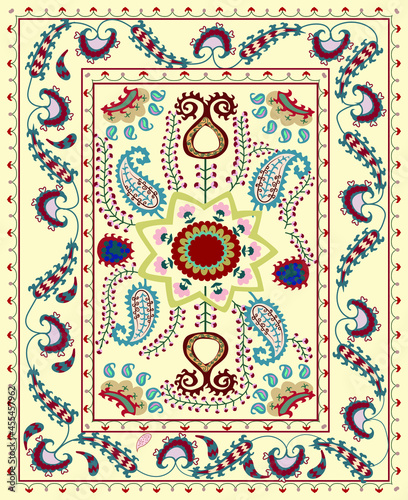 Suzani- traditional home interior element in Central Asian peoples, embroidery handmade carpet, nowadays used in the fashion industry and creative design. Uzbekistan. 
