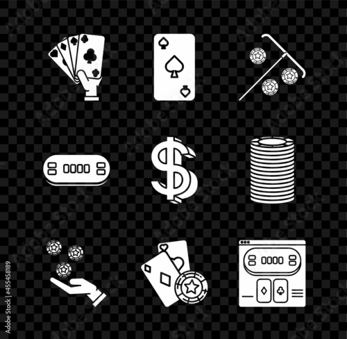 Set Hand holding playing cards, Playing with spades symbol, Stick for chips, casino, Casino, Online poker table game, Poker and Dollar icon. Vector