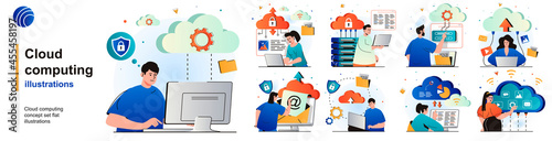Cloud computing isolated set. Secure connection, storage and cloud technology. People collection of scenes in flat design. Vector illustration for blogging, website, mobile app, promotional materials.