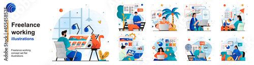 Freelance working isolated set. Remote employees with laptops in home offices. People collection of scenes in flat design. Vector illustration for blogging, website, mobile app, promotional materials.