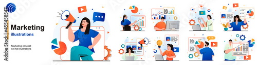 Marketing isolated set. Successful promotion strategy, customer attracting. People collection of scenes in flat design. Vector illustration for blogging, website, mobile app, promotional materials.