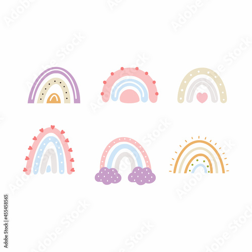 Set beautiful rainbow in doodle style. Clouds for design children postcard. Fashion design for girl.