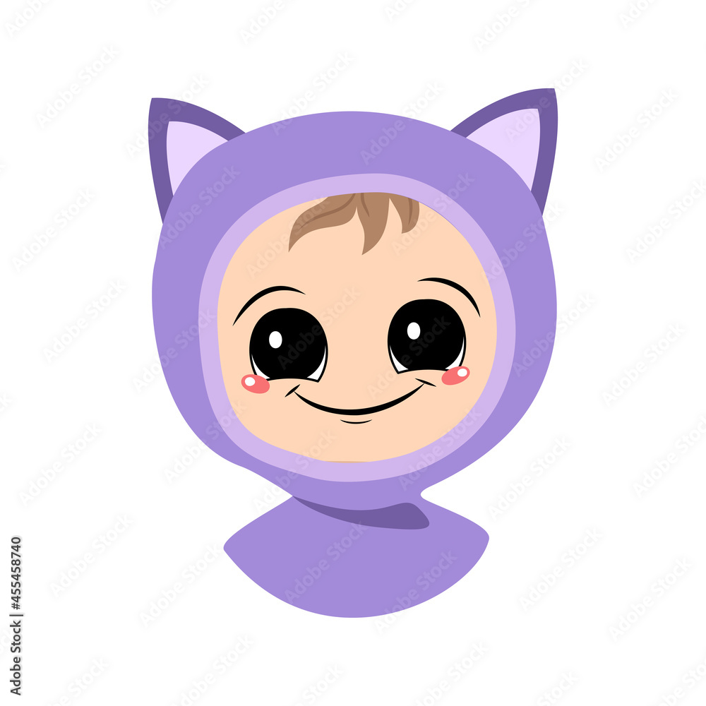 Avatar of a child with big eyes and a wide smile in a cat hat. A cute kid with a joyful face in an autumnal or winter headdress. Head of adorable baby with happy emotions Avatar of a child with big eyes and a wide smile in a cat hat. A cute kid with a joyful face in an autumnal or winter headdress. Head of adorable baby with happy emotions