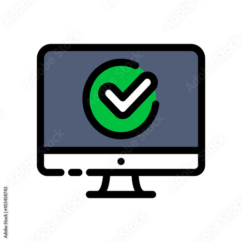 Computer with approved checkmark color line icon. Successful registration