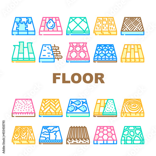 Floor Material Layers Renovation Icons Set Vector. Tile And Parquet, Stone And Wooden Floor Material, Linoleum And Carpet, Children Play Room And Sport Ground Flooring Line. Color Illustrations