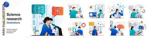 Science research isolated set. Scientists make tests on laboratory equipment. People collection of scenes in flat design. Vector illustration for blogging, website, mobile app, promotional materials.