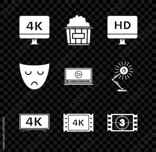 Set Computer PC monitor with 4k video technology, Popcorn in cardboard box, HD, , movie, tape, frame, Play Video, Drama theatrical mask and Online play icon. Vector