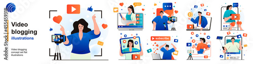 Video blogging isolated set. Bloggers record videos, create blog content. People collection of scenes in flat design. Vector illustration for blogging, website, mobile app, promotional materials.
