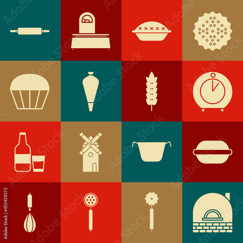 Set Brick stove, Macaron cookie, Kitchen timer, Homemade pie, Pastry bag for decorate cakes, Muffin, Rolling pin and Cereals with rice, wheat, corn, oats, rye icon. Vector