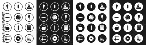 Set Scales, Kitchen timer, Rolling pin, Pastry bag for decorate cakes, Spatula, Cereals with rice, wheat, corn, oats, rye, Oven and Bakery bowl dough icon. Vector