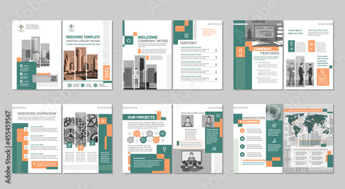 Brochure creative design. Multipurpose template, include cover, back and inside pages. Trendy minimalist flat geometric design. Vertical a4 format.