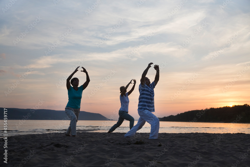 Fototapeta premium group of people practice Tai Chi Chuan at sunset on the beach. Chinese management skill Qi's energy.