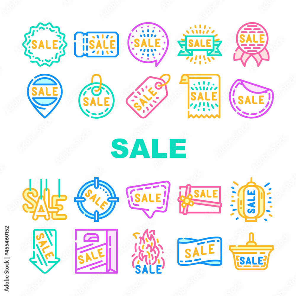 Summer Sale And Season Discount Icons Set Vector. Summer Sale Banner And Ribbon, Quote Frame And Present Gift Coupon, Label And Trinket, Lighting Lantern And Ceiling Lamp Line. Color Illustrations Summer Sale And Season Discount Icons Set Vector. Summer Sale Banner And Ribbon, Quote Frame And Present Gift Coupon, Label And Trinket, Lighting Lantern And Ceiling Lamp Line. Color Illustrations