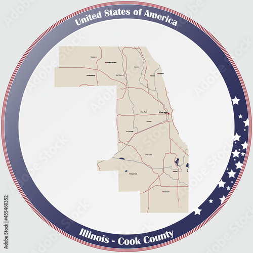 Large and detailed map of Cook county in Illinois, USA.