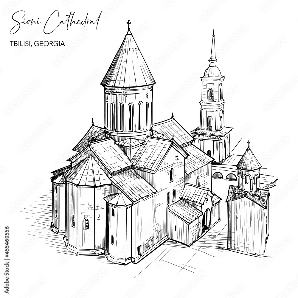 Sioni Cathedral in Tbilisi, Georgia. Black line drawing isolated on white background.