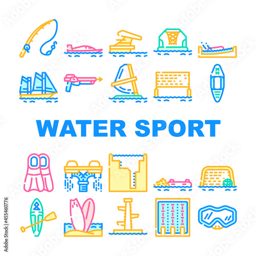 Water Sports Active Occupation Icons Set Vector. Kayak And Sap Board, Freediving Pool And Swimming, Volleyball And Basketball Water Sports, Fishing And Spearfishing Line. Color Illustrations