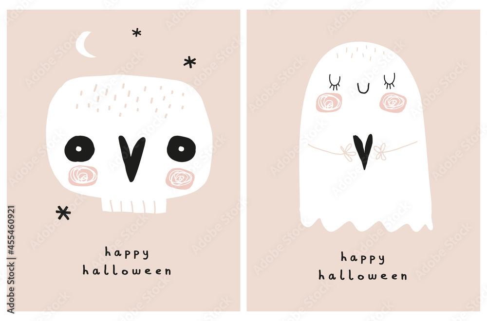Obraz premium Funny Hand Drawn Halloween Vector Illustration. White Skull and Sweet Ghost on a Beige Background. Handwritten Happy Halloween. Starry Night. Infantile Style Halloween Print ideal for Card, Wall Art.