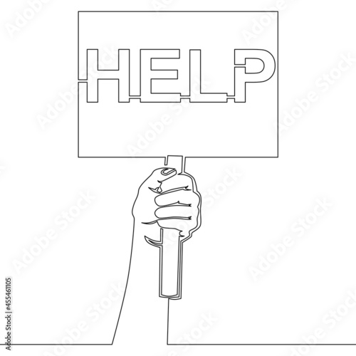 Continuous line hand holding help sign whiteboard