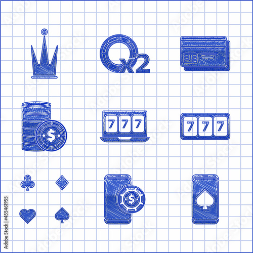 Set Online slot machine with lucky sevens jackpot, poker table game, Slot, Playing cards, Casino chip dollar, Credit and Crown icon. Vector