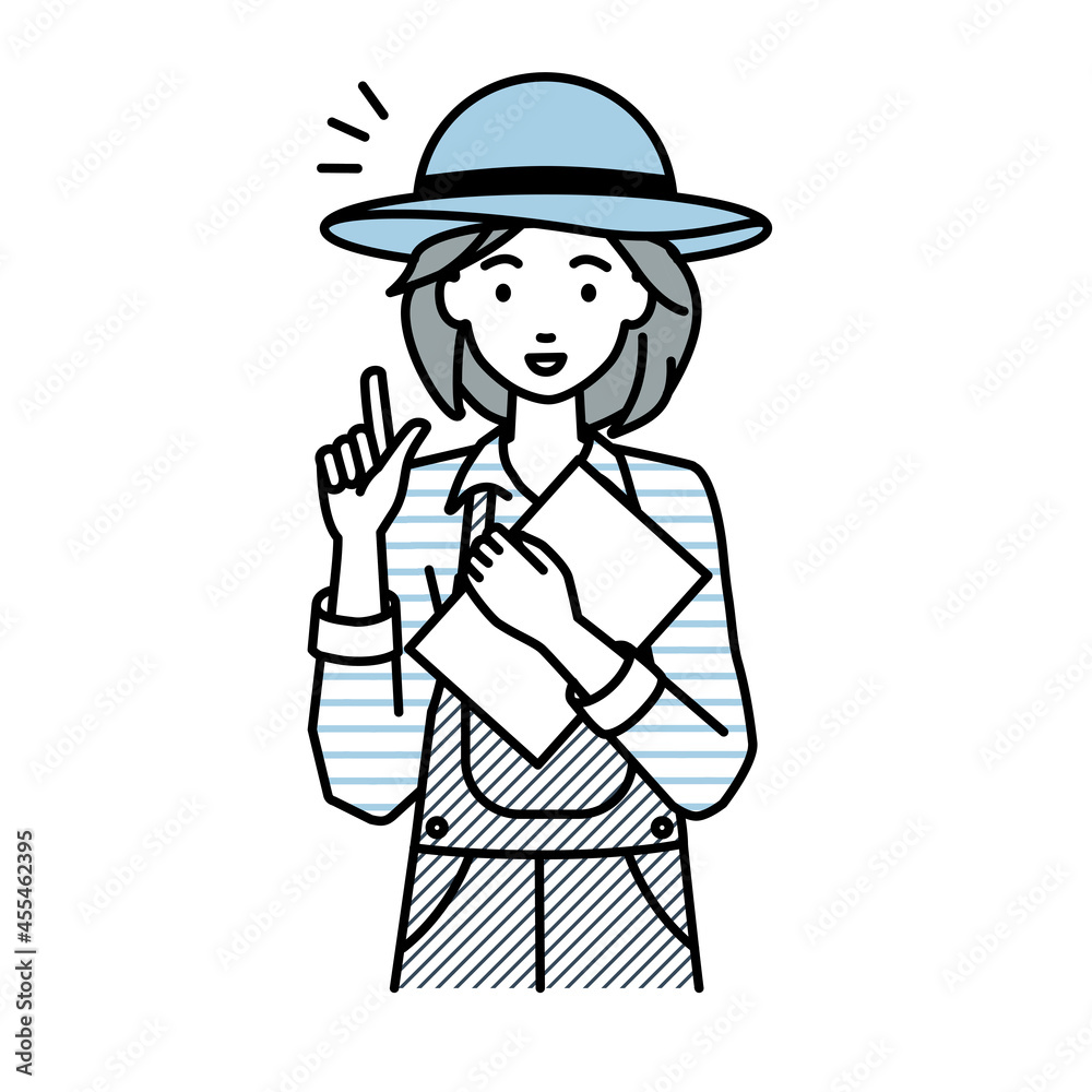 立って書類を手に持って何かひらめいた農家の女性 立って書類を手に持って何かひらめいた農家の女性