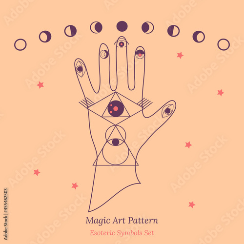 Set of esoteric symbols for fortune telling by hand. Illustration of magic session, look into future, connection with universe, moon phases, hand and palmistry signs. Vector drawing for tarot cards.