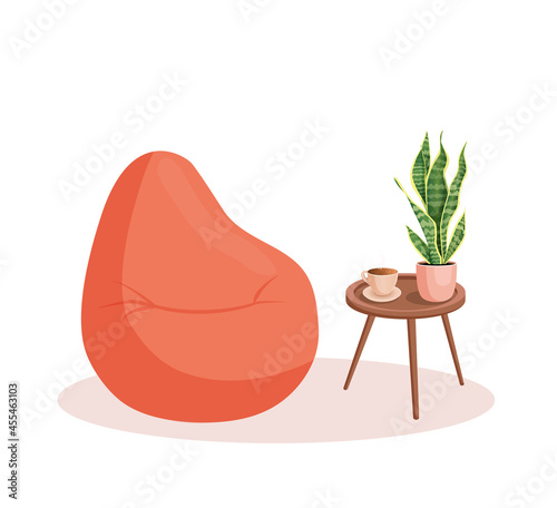 Cute interior with soft pillow, pouf for sitting. Cozy room design with fluffy seat, table, plants, coffee. Living room interior. Vector flat style illustration
