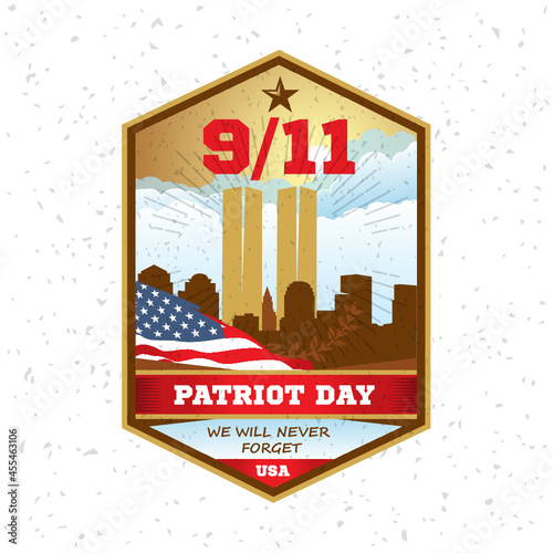 American flag over silhouettes of twin towers on blue background and inscription never again. 9-11 Patriot Day. We Will Never Forget. September 11, 2001 against the background of the shield and the Tw