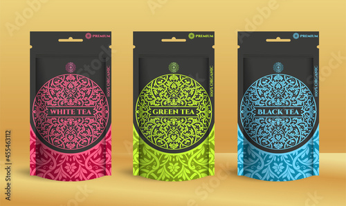 Colorful tea packaging design with zip pouch bag mockup. Vector ornament template. Elegant, classic elements. Great for food, drink and other package types. Can be used for background and wallpaper.