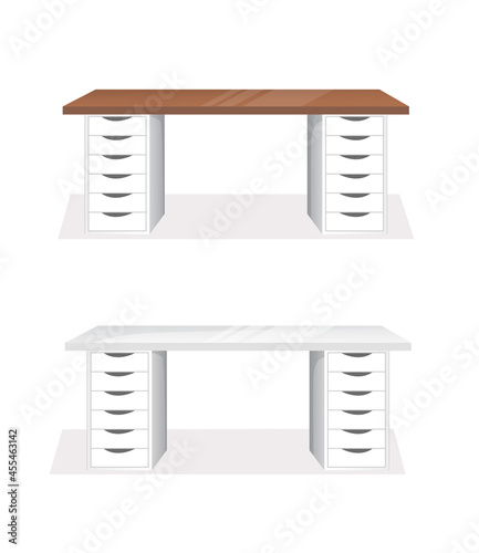 Set of tables for work, office, home, computer. Vector illustration in flat cartoon style.